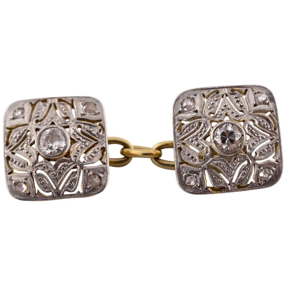  Art Deco Diamond White and Yellow Gold Cufflinks For Sale