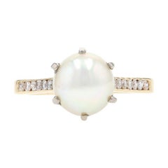 Yellow Gold Akoya Pearl & Diamond Ring, 18k Round Cut .28ctw Cathedral