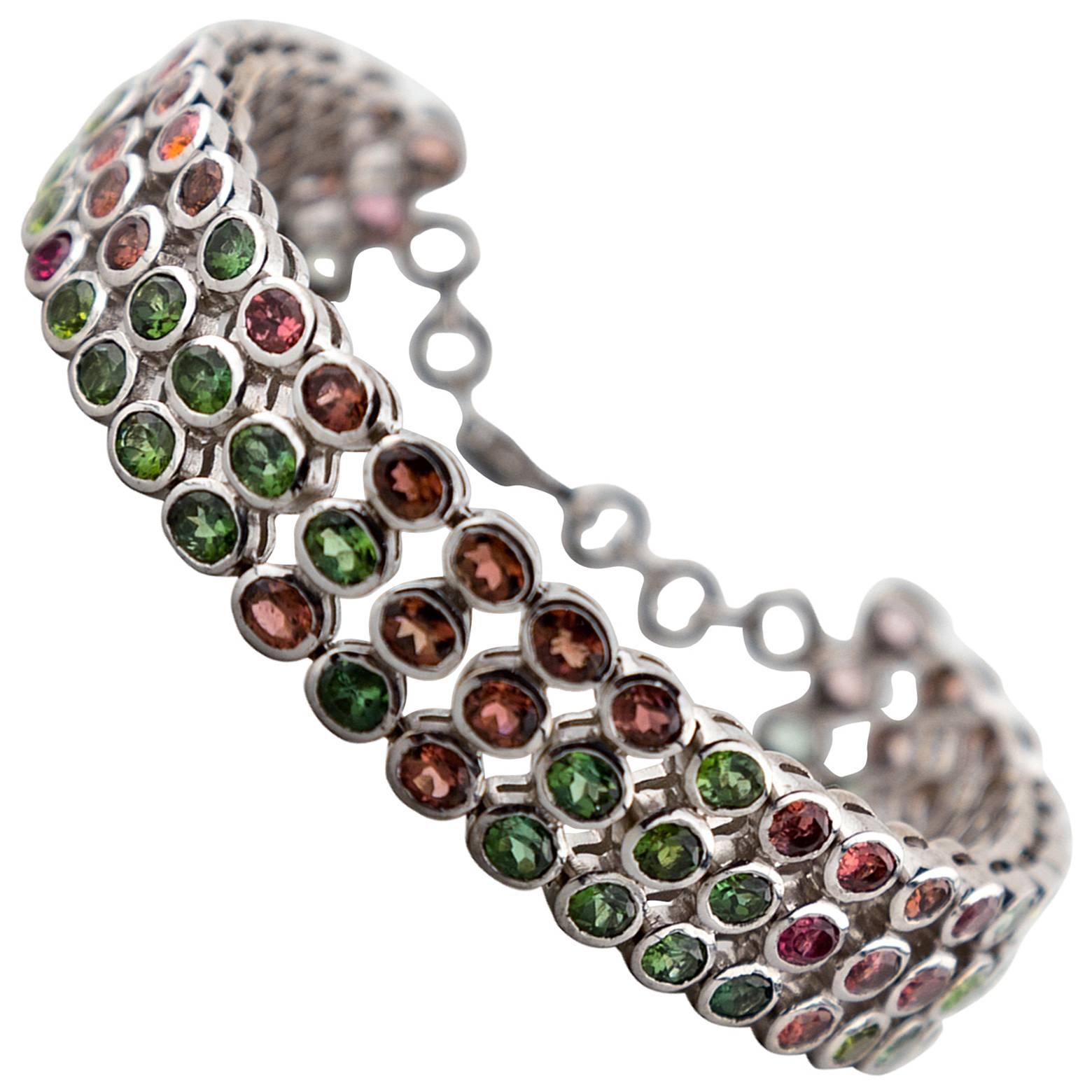 Multicolored Tourmaline Sterling Silver Chain Link Bracelet