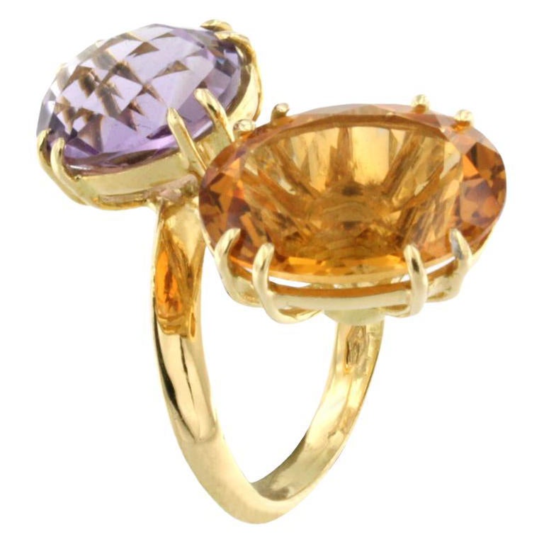 18k Yellow Gold with Amethyst and Citrine Ring For Sale