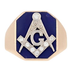 Blue Lodge Yellow Gold Diamond Ring, 14k Round Cut .12ctw Vintage Masonic 8 3/4