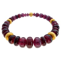 Big Purple Rubelite Tourmaline Rondel Beaded Necklace with 18 Carat Yellow Gold