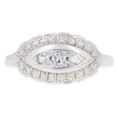 Single Cut Diamond-Accented Vintage Ring, 14k White Gold Scallop Border