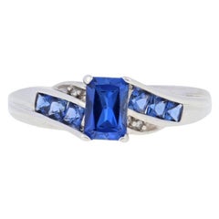 White Gold Synthetic Sapphire & Diamond Ring, 10k Rectangle Cut 1.00ctw