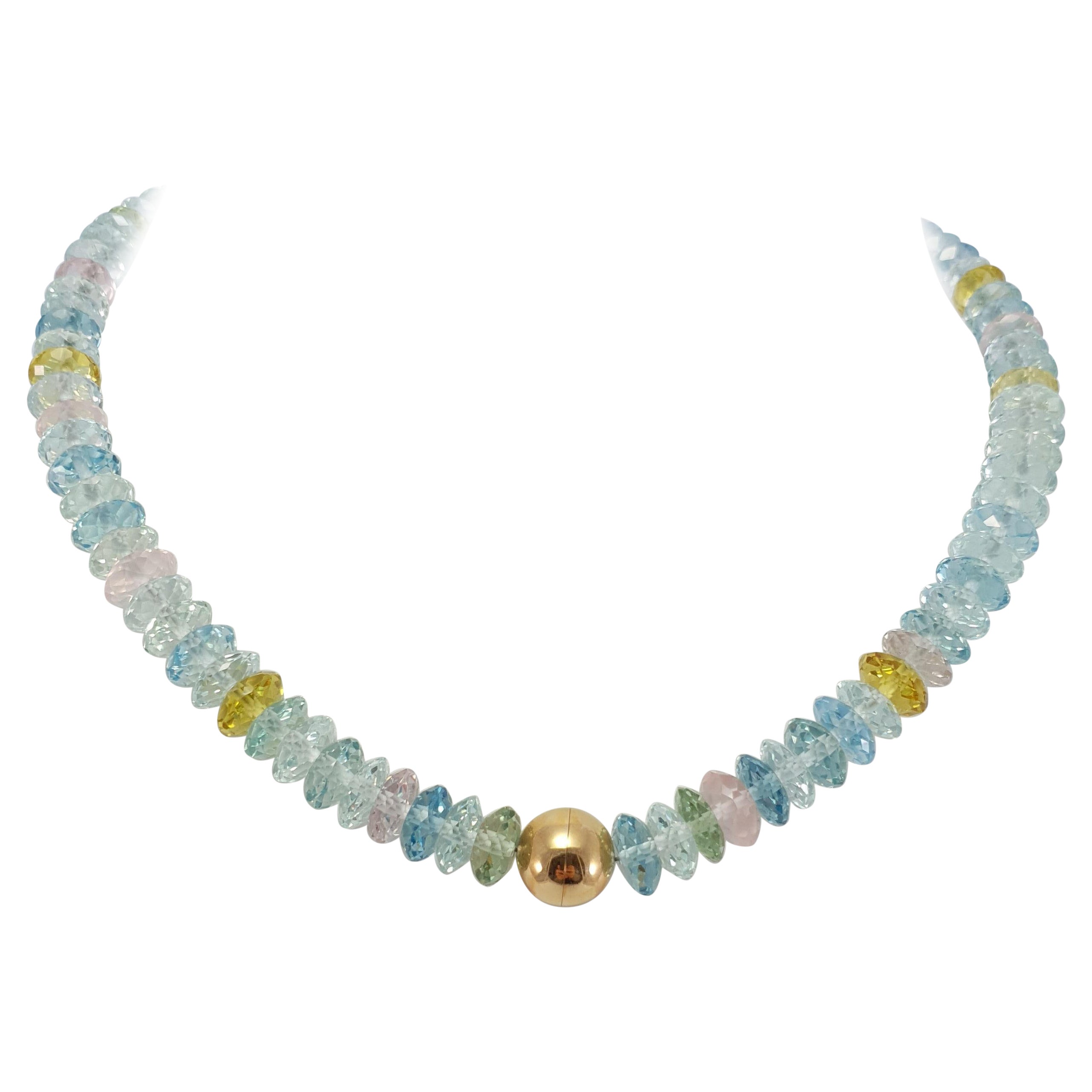 This Natural Faceted Multicolour Beryl Rondel Beaded Necklace with 18 Carat Rose Gold Clasp is totally handmade. Cutting as well as goldwork are made in German quality. The screw clasp is easy to handle and very secure. 
Timeless and classic design