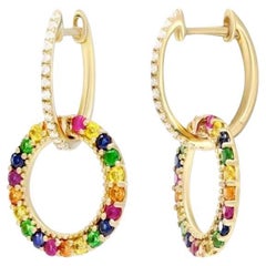 Yellow Orange Pink Blue Sapphire Diamond Drop Colourful Gold Earrings for Her