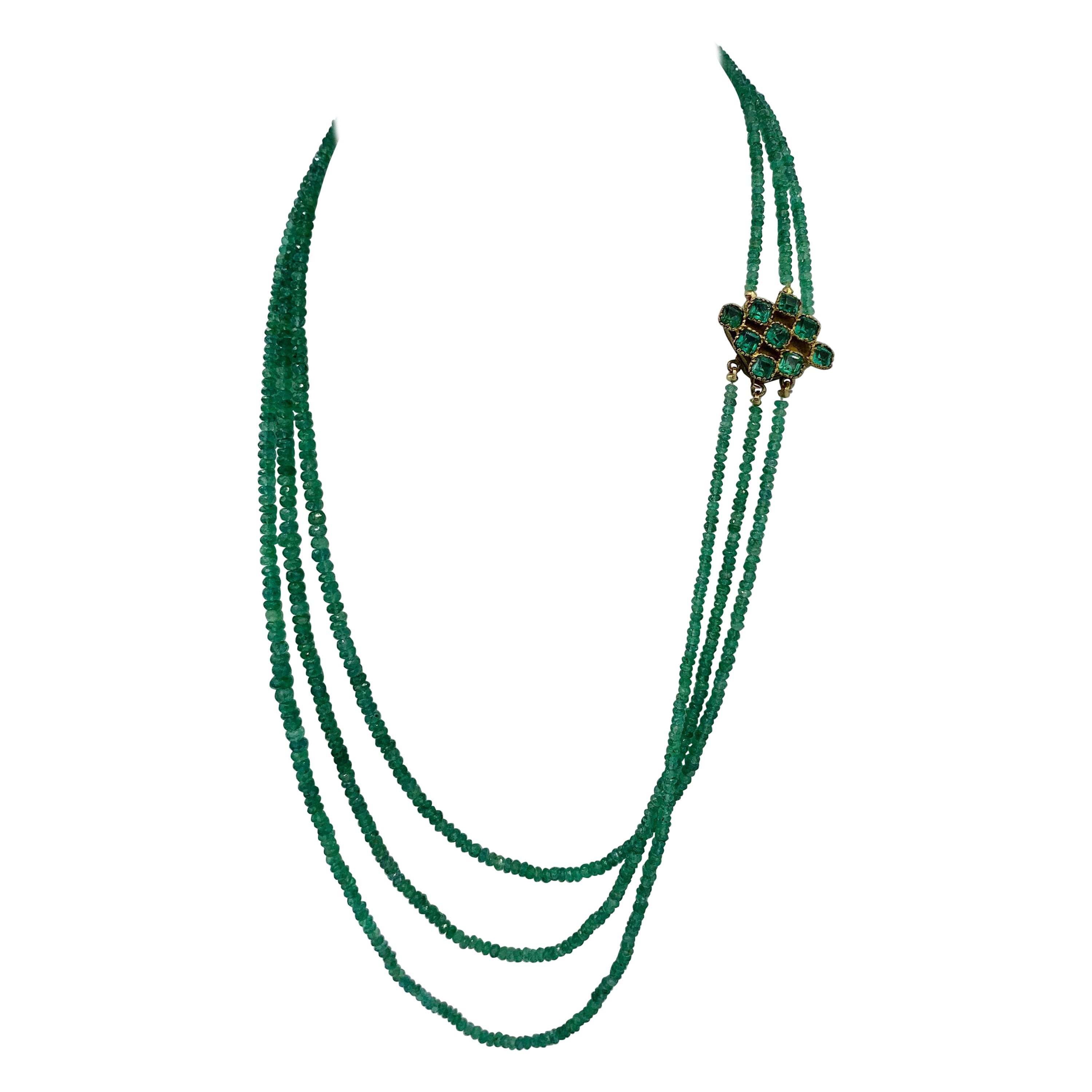 Three Strand Emerald Necklace Graduated Natural Mined Emeralds For Sale