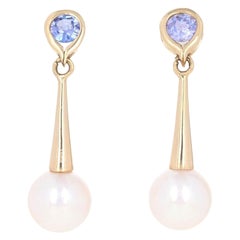 Antique Yellow Gold Cultured Pearl & Tanzanite Dangle Earrings 14k Round .50ctw Pierced