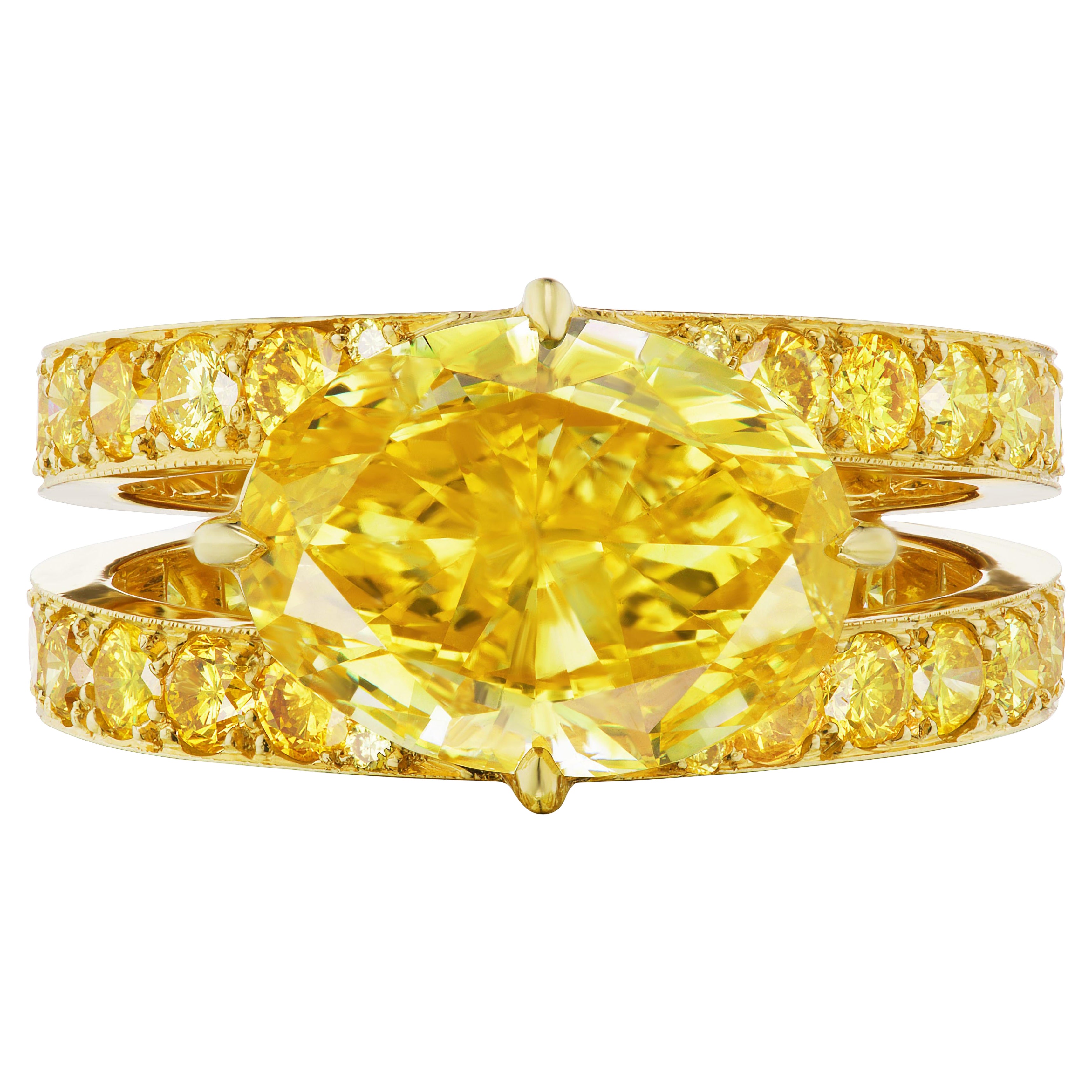 GIA 3.51 Carat Vivid Yellow Oval Diamond 18 Karat Gold Ring