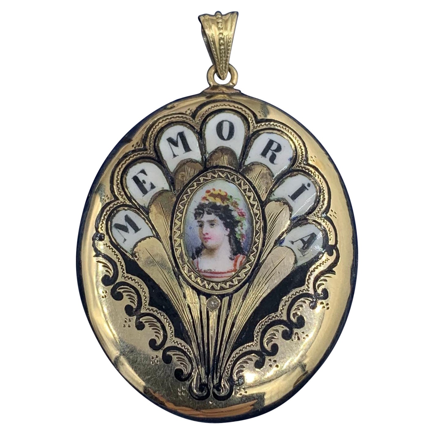 Antique Rose Cut Diamond Enamel Portrait Locket Necklace 14 Karat Gold Victorian For Sale