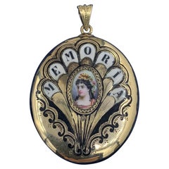Antique Rose Cut Diamond Enamel Portrait Locket Necklace 14 Karat Gold Victorian