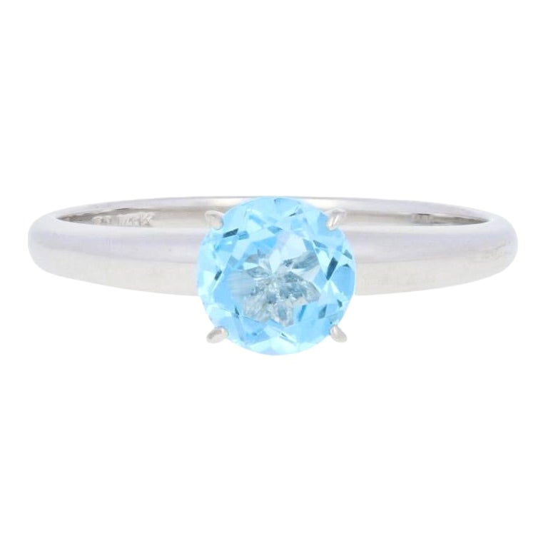 White Gold Blue Topaz Ring, 14k Round Cut .78ct Engagement Solitaire For Sale