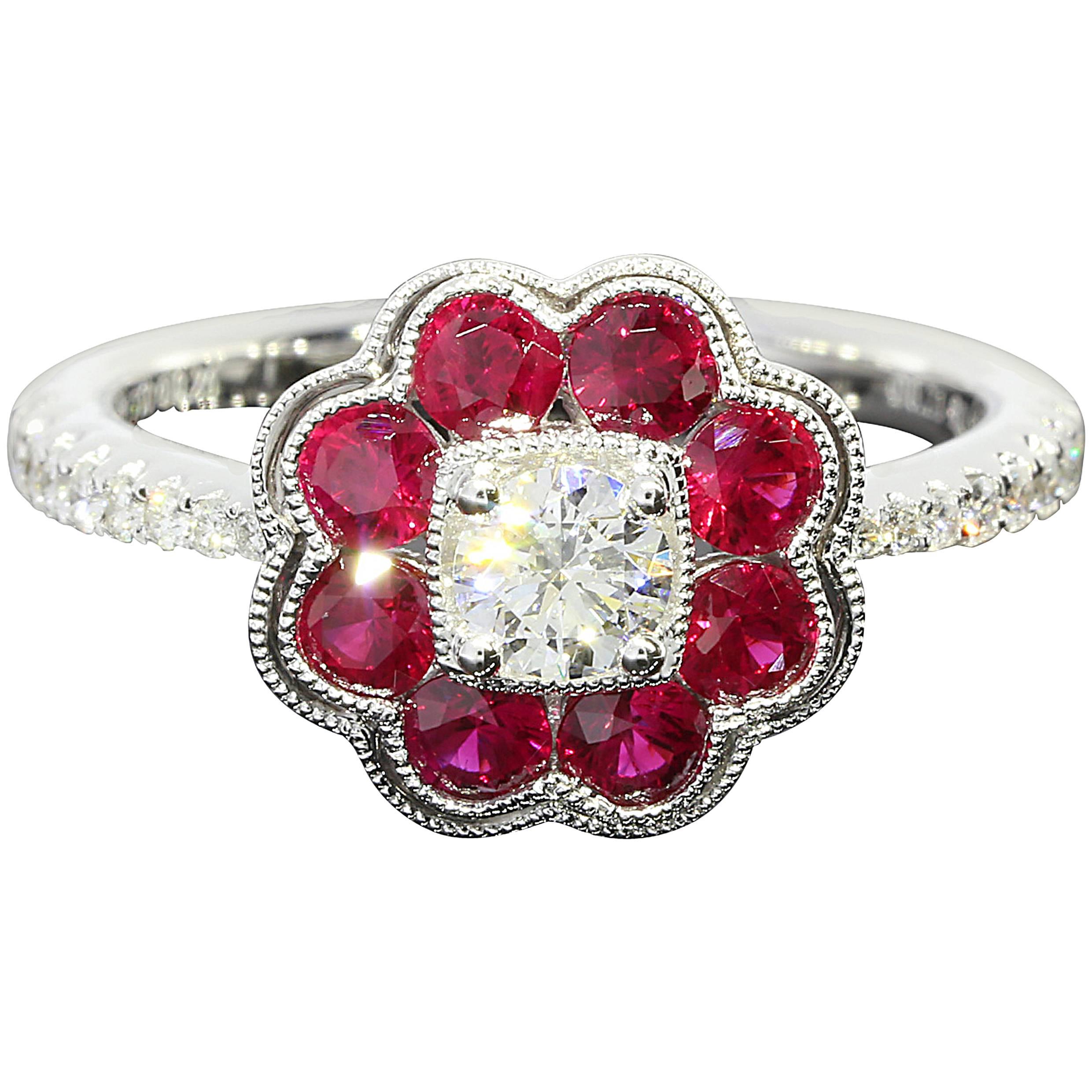 Ruby Diamond Gold Flower Ring For Sale