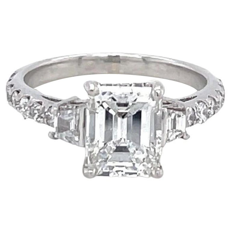 Vintage GIA 1.51 Carat Emerald Cut Diamond Platinum Three Stone Engagement Ring