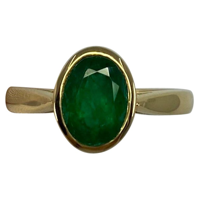Vivid Green 1.84 Carat Emerald Oval Cut 18k Yellow Gold Rubover Solitaire Ring