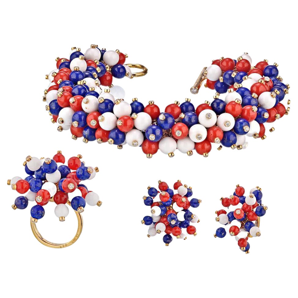 Aletto Brothers Pom Pom Red, Blue and White Earrings, Ring and Bracelet Set For Sale