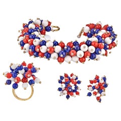 Aletto Brothers Pom Pom Red, Blue and White Earrings, Ring and Bracelet Set