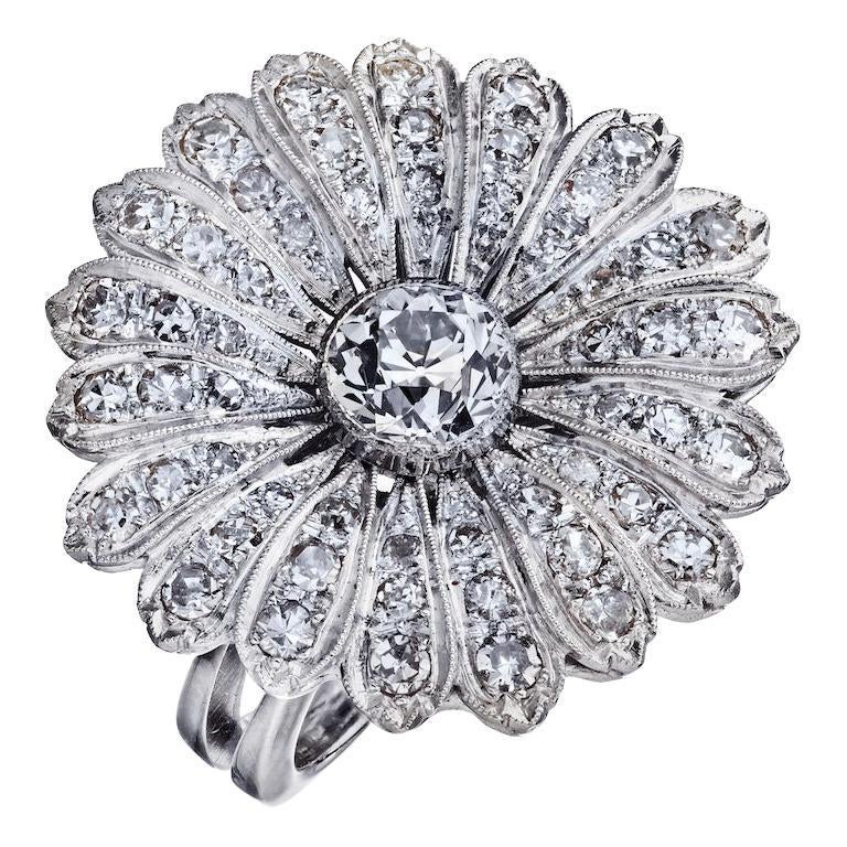 1.57 Carat Old European Cut Diamond I/VS1 GIA Flower Engagement Ring For Sale