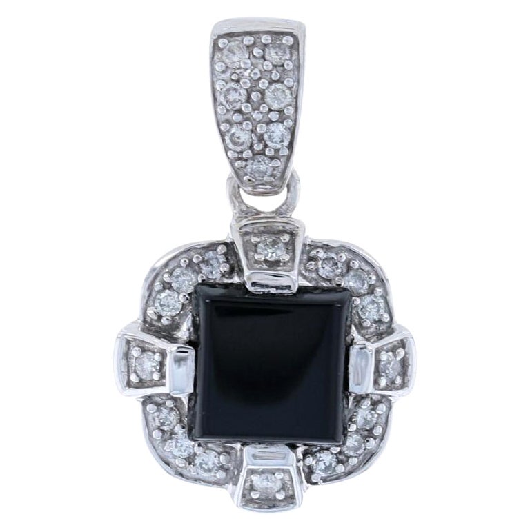 White Gold Onyx & Diamond Halo Pendant, 10k Round Brilliant Cut Accents .25ctw