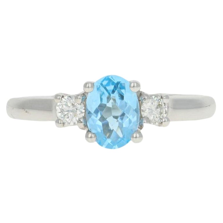White Gold Blue Topaz & Diamond Ring, 14k Checkerboard Oval 1.31ctw Engagement For Sale