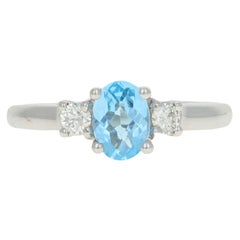 Vintage White Gold Blue Topaz & Diamond Ring, 14k Checkerboard Oval 1.31ctw Engagement