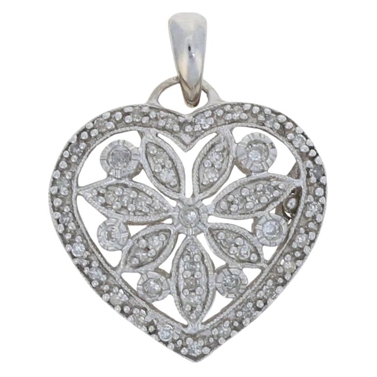 White Gold Diamond Locket, 14k Single Cut .33ctw Milgrain Heart Opens For Sale