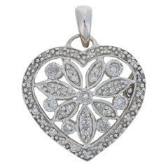 White Gold Diamond Locket, 14k Single Cut .33ctw Milgrain Heart Opens