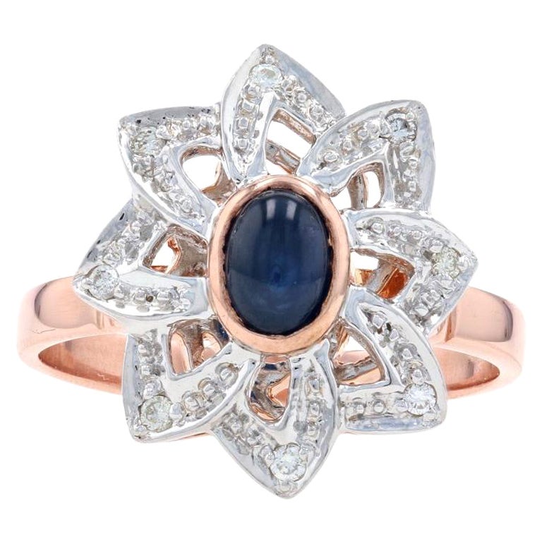 Rose Gold Sapphire & Diamond Flower Ring, 14k Oval Cabochon Cut .68ctw