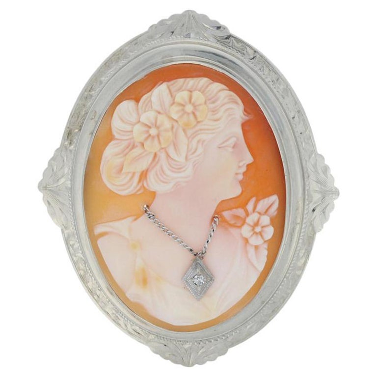 White Gold Carved Shell Cameo & Diamond Art Deco Brooch, 10k Vintage Silhouette For Sale