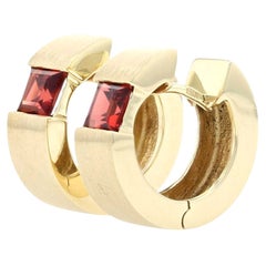 Yellow Gold Garnet Huggie Hoop Earrings, 14k Square Step 1.20ctw Brushed Pierced