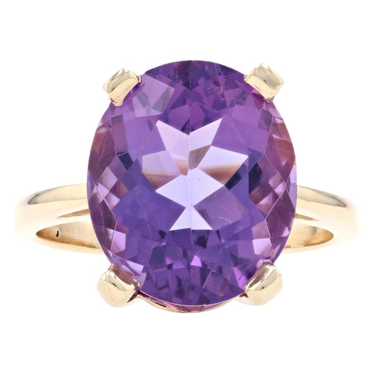 Yellow Gold Amethyst Cocktail Solitaire Ring, 14k Oval Cut 8.20ct