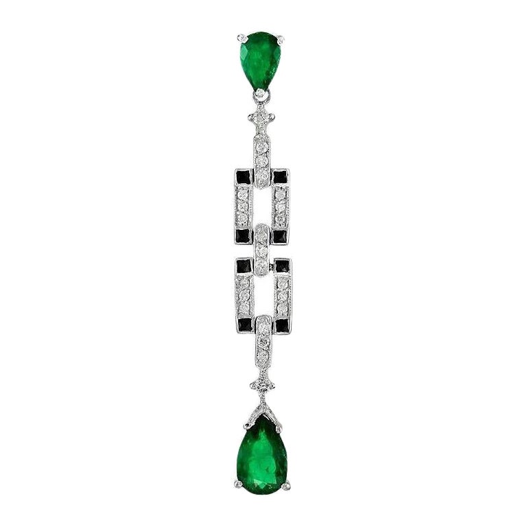 Pear Shape Colombian Emerald with Diamond and Onyx Art Deco Style Bar Pendant For Sale