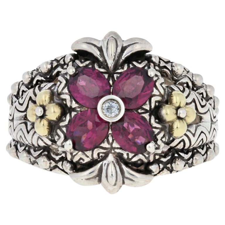 Barbara Bixby Rhodolite Garnet & Topaz Ring, Silver & 18k Gold Floral For Sale