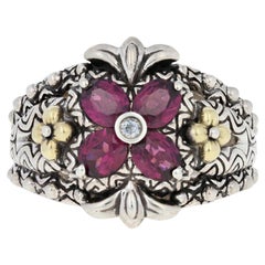 Vintage Barbara Bixby Rhodolite Garnet & Topaz Ring, Silver & 18k Gold Floral