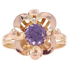 Gelbgold Synthetischer Farbwechsel Saphir Blume Ring, 18k Rundschliff 1,40ct