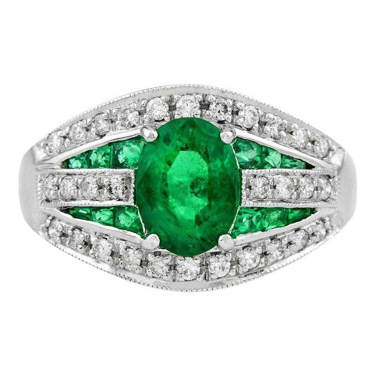 Zambian Emerald with Diamond Cocktail Ring in 18K White Gold