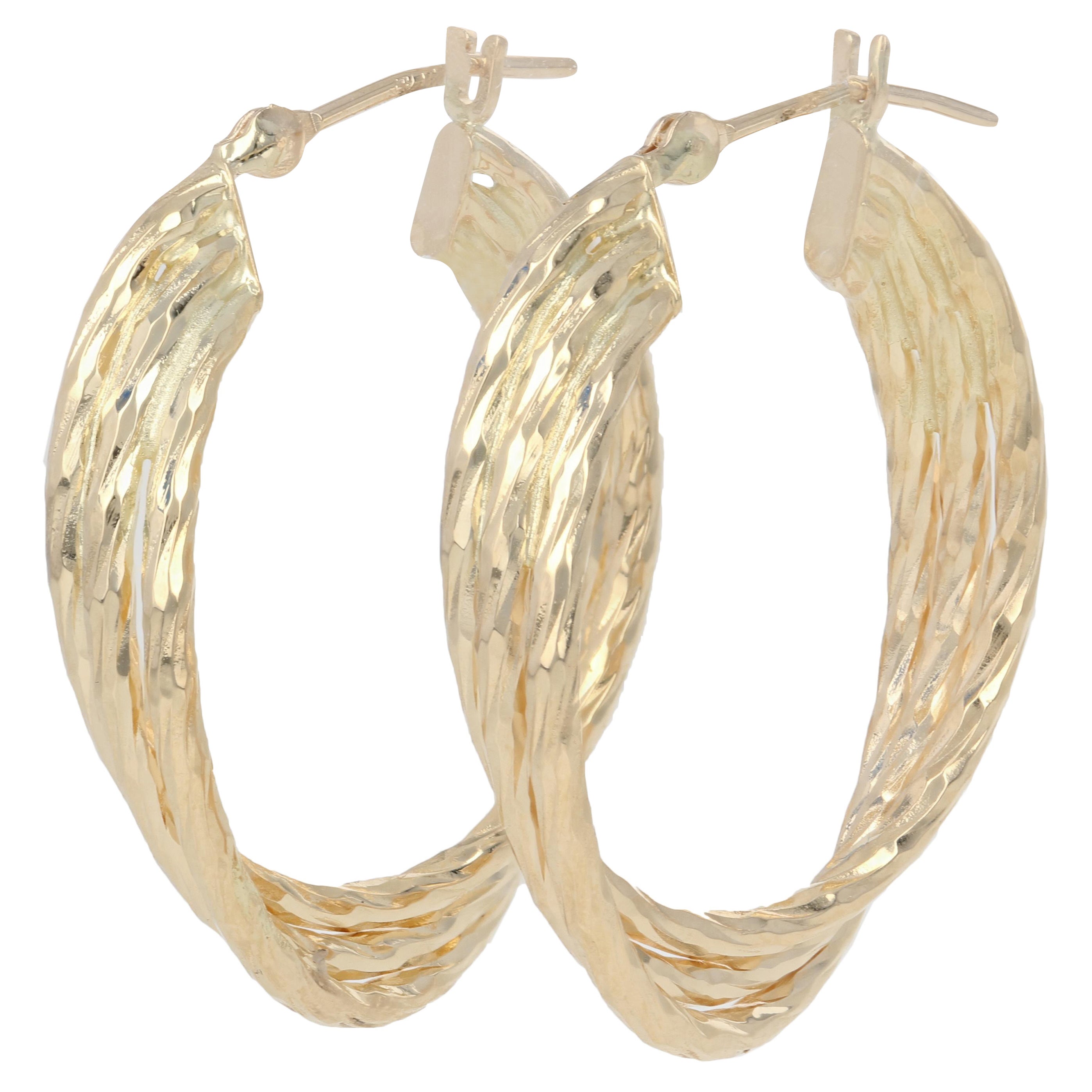 Yellow Gold Greek Key Hoop Earrings, 14k MeshTextured Pierced For Sale