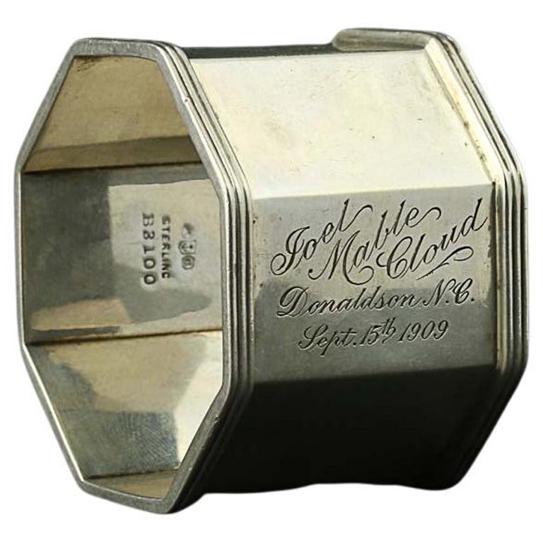 Gorham Engraved 1909 Napkin Ring, Sterling Silver Hollowware Octagon B3100 For Sale