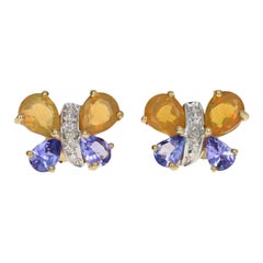 Yellow Gold Welo Opal Tanzanite Diamond Butterfly Stud Earrings 10k Pear 1.42ctw