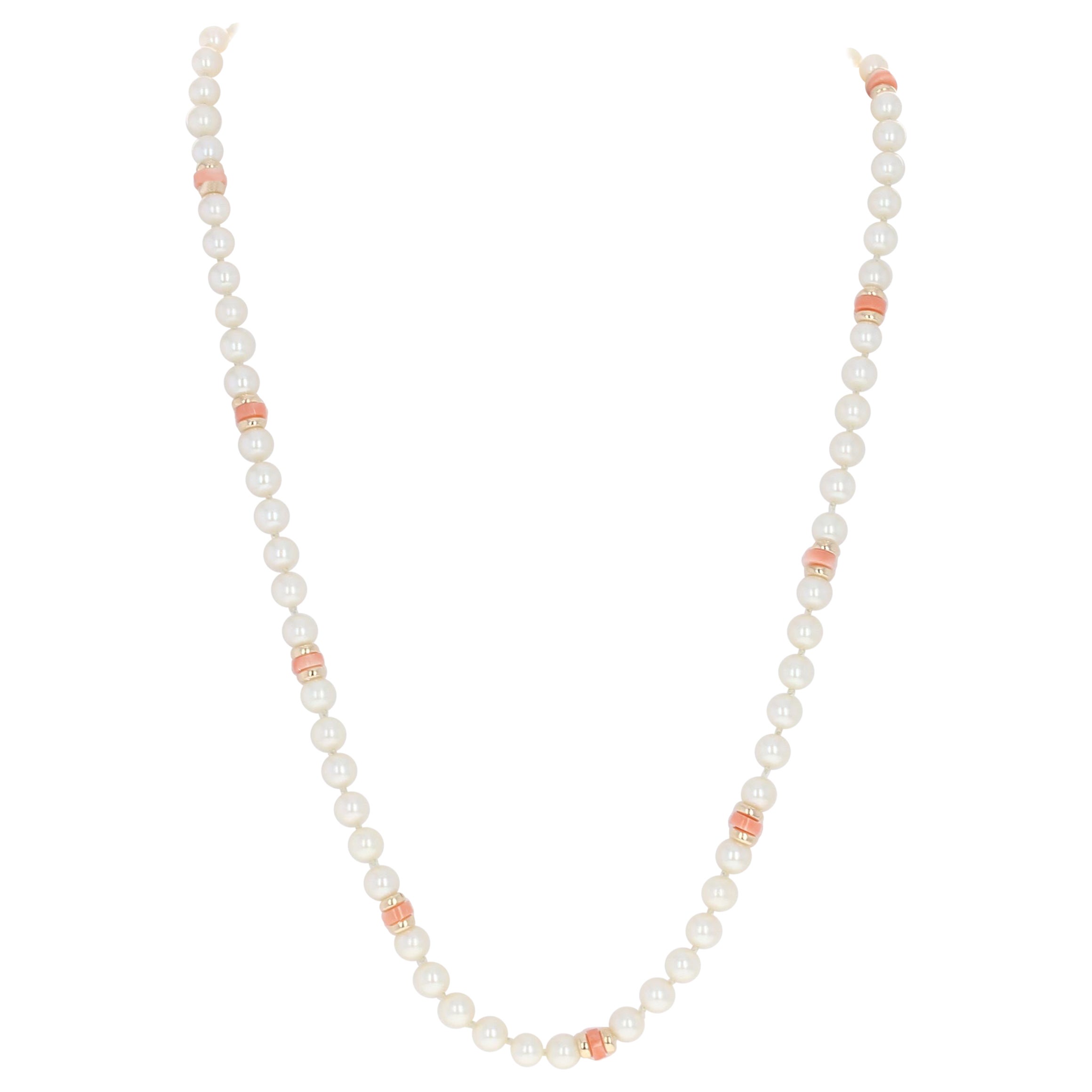 Yellow Gold Freshwater Pearl & Coral Necklace, 14k Knotted Strand For Sale