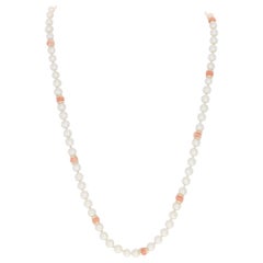 Retro Yellow Gold Freshwater Pearl & Coral Necklace, 14k Knotted Strand