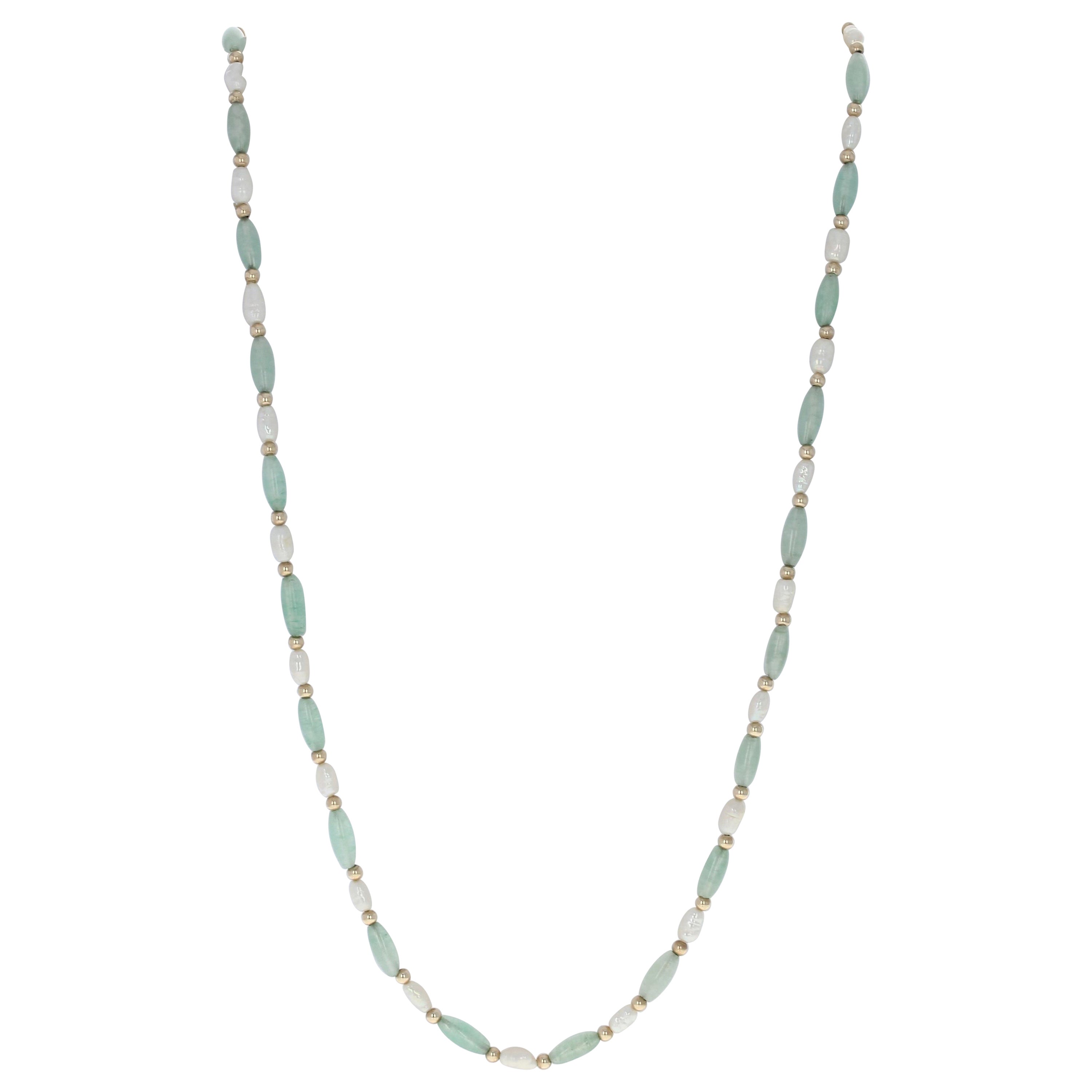 Yellow Gold Dyed Green Quartz & Rice Pearl Necklace, 14k Beaded