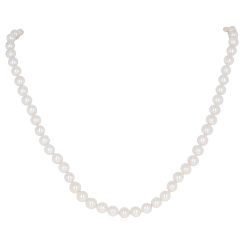 Cultured Pearl Necklace, 14k Yellow Gold Knotted Single Strand For Sale