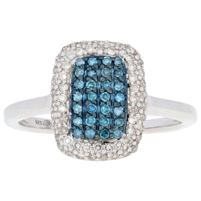 New 3/8ctw Round Brilliant Diamond Halo Ring Sterling Silver Fancy Blue Cluster