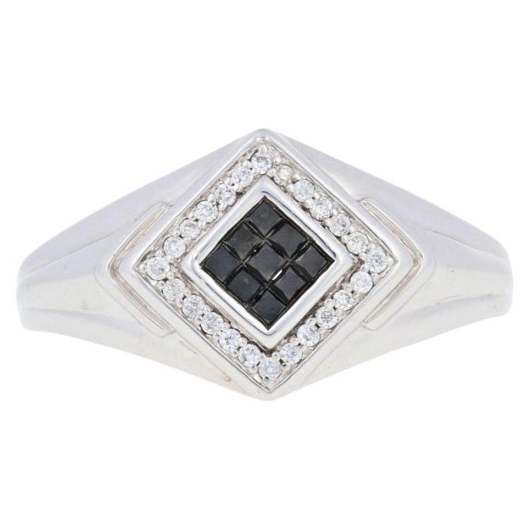New .33ctw Princess Cut Black Diamond Men's Ring Sterling Silver Cluster Halo For Sale