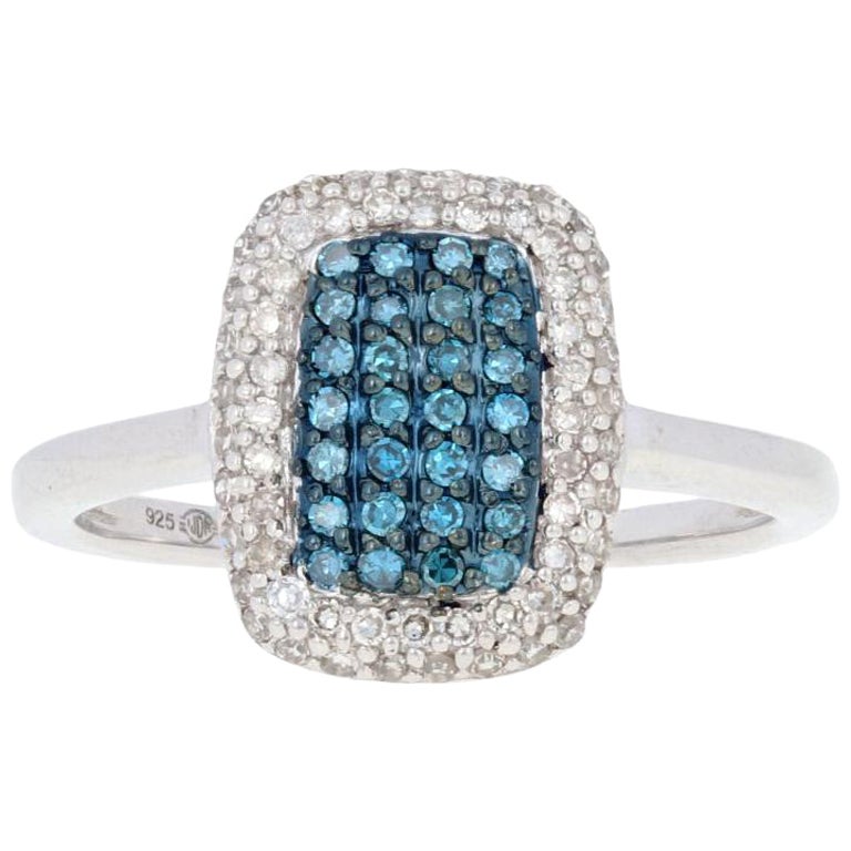 3/8ctw Round Brilliant Diamond Ring Sterling Silver Fancy Blue Halo Cluster For Sale
