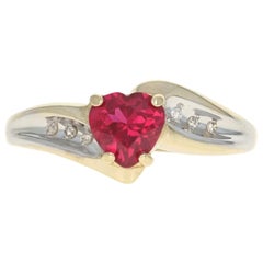 Yellow Gold Synthetic Ruby & Diamond Bypass Ring, 10k Heart Cut 1.03ctw
