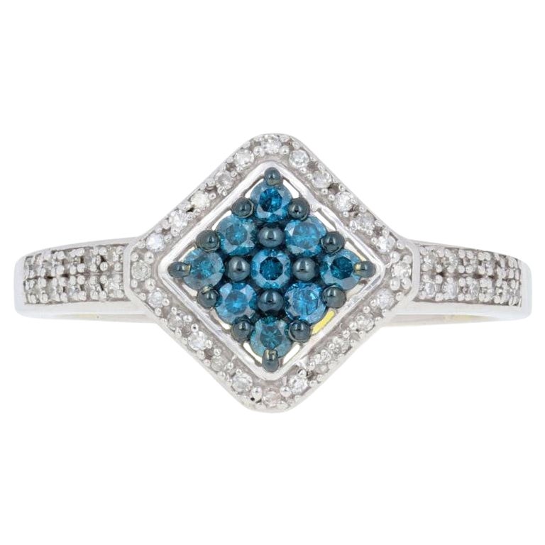 Bague en argent sterling avec diamant bleu taille brillant rond 925 et halo en grappe de 0,33 carat