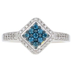 Vintage Sterling Silver Blue Diamond Ring, 925 Round Brilliant Cut .33ctw Cluster Halo
