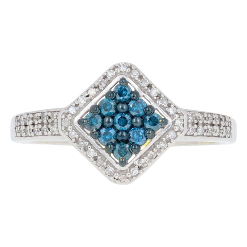 Sterling Silver Diamond Ring, 925 Round Brilliant .33ctw Blue Cluster Halo For Sale